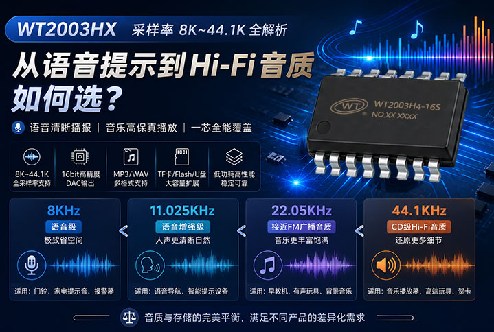 WT2003HX系列MP3解码芯片采样率8K~44.1K全解析：从语音提示到Hi-Fi音质如何选？