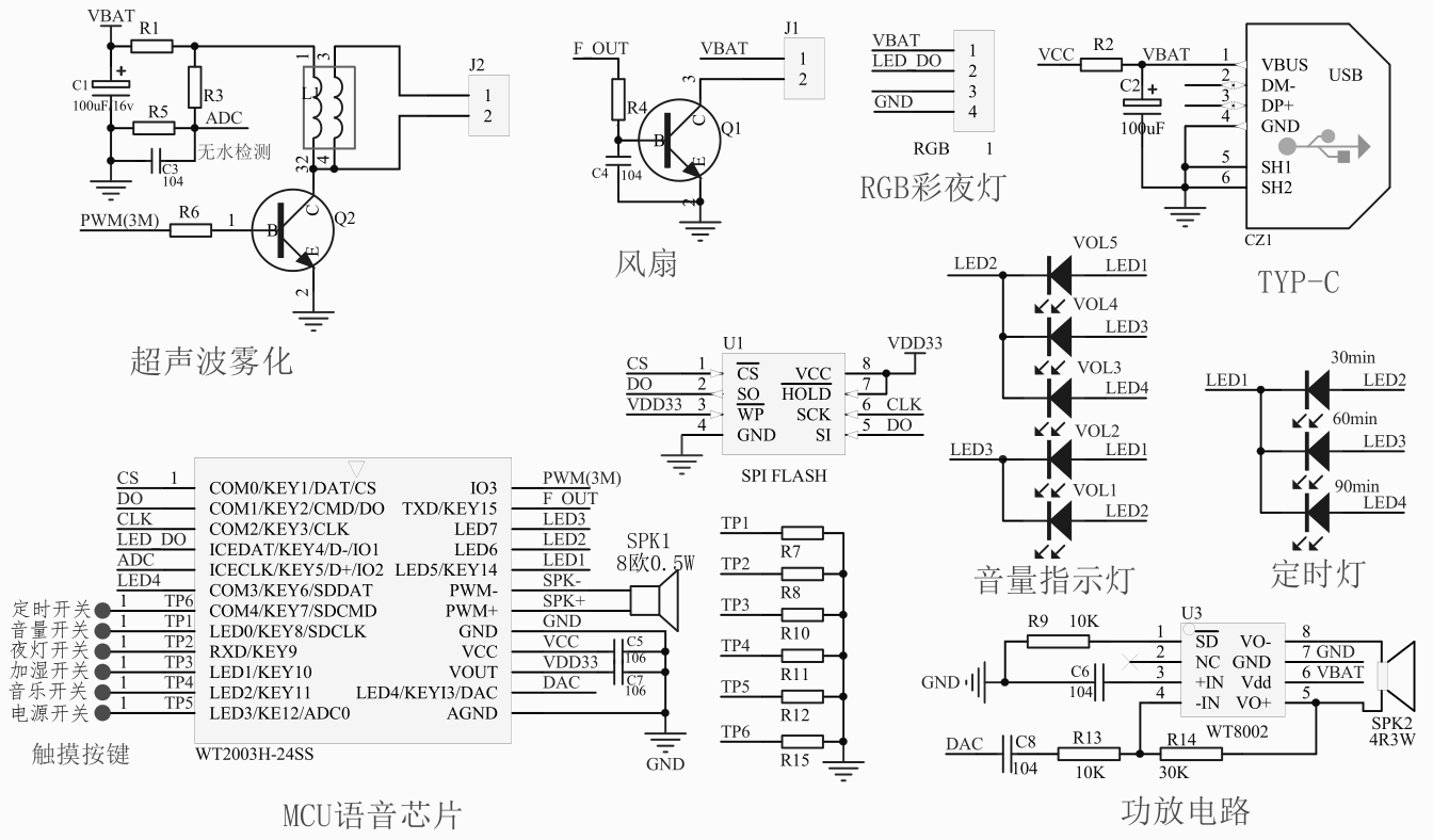 加湿器单芯片语音方案电路应用图.