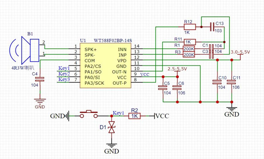 WT588F02BP-14S语音芯片按键高低电平控制应用电路参考图