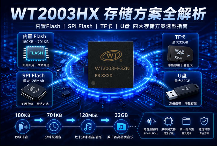 WT2003HX语音芯片存储方案怎么搭？内置Flash/外扩Flash/TF卡/U盘选型全攻略