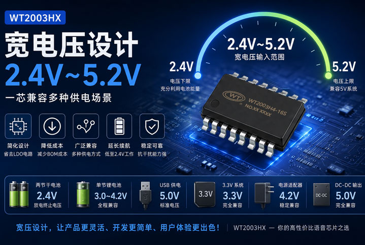 WT2003HX系列语音芯片宽电压2.4-5.2V有什么用？宽压设计的应用优势全解析