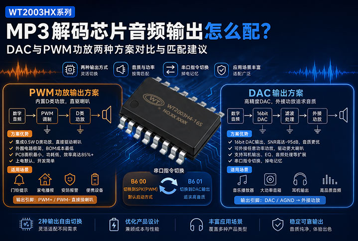 WT2003HX系列MP3解码芯片音频输出怎么配？DAC与PWM功放两种方案对比与匹配建议