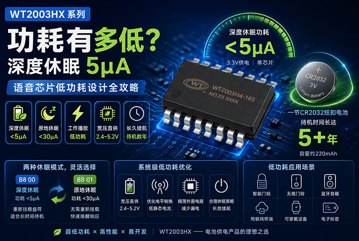 WT2003HX系列MP3解码芯片功耗有多低？深度休眠5μA，语音芯片低功耗设计全攻略