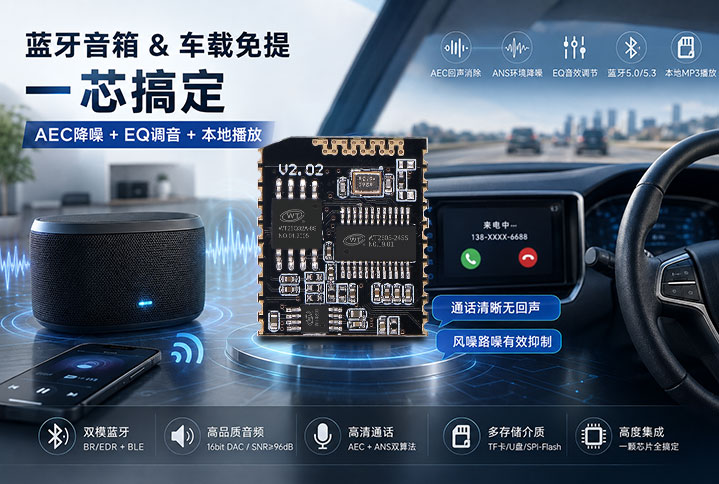 蓝牙音箱和车载免提怎么做？WT2605系列音频蓝牙芯片一芯搞定AEC降噪+EQ调音+本地播放