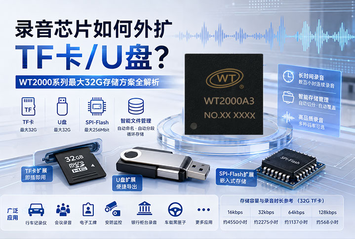 录音芯片如何外扩TF卡/U盘？WT2000系列最大32G存储方案全解析