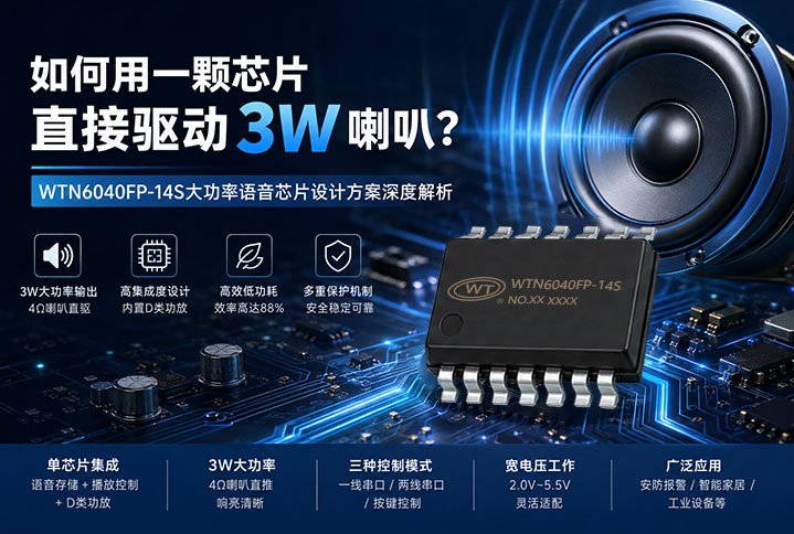 如何用一颗芯片直接驱动3W喇叭？WTN6040FP-14S大功率语音芯片设计方案深度解析