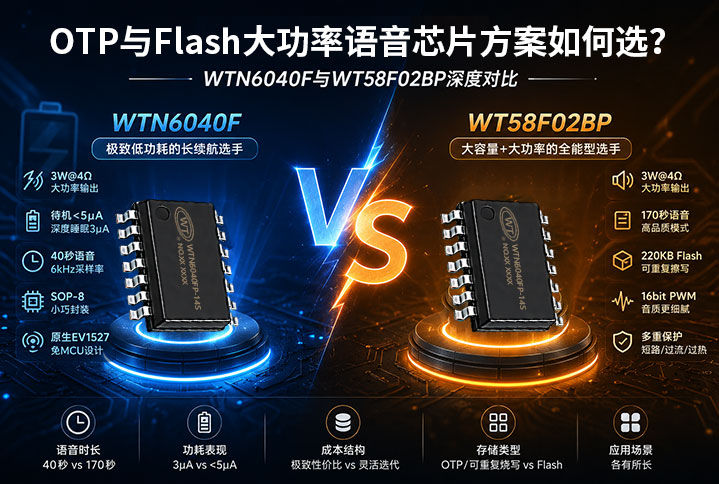 OTP与Flash大功率语音芯片方案如何选？广州唯创电子WTN6040F与WT58F02BP深度对比