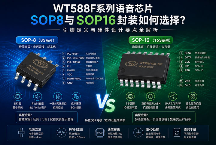 WT588F系列语音芯片SOP8与SOP16封装如何选择？引脚定义与硬件设计要点全解析
