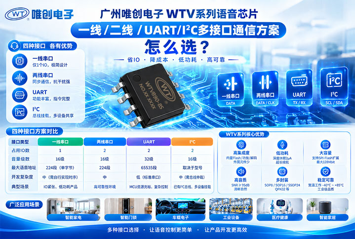 广州唯创电子WTV系列语音芯片：一线/二线/UART/I²C多接口通信方案怎么选？